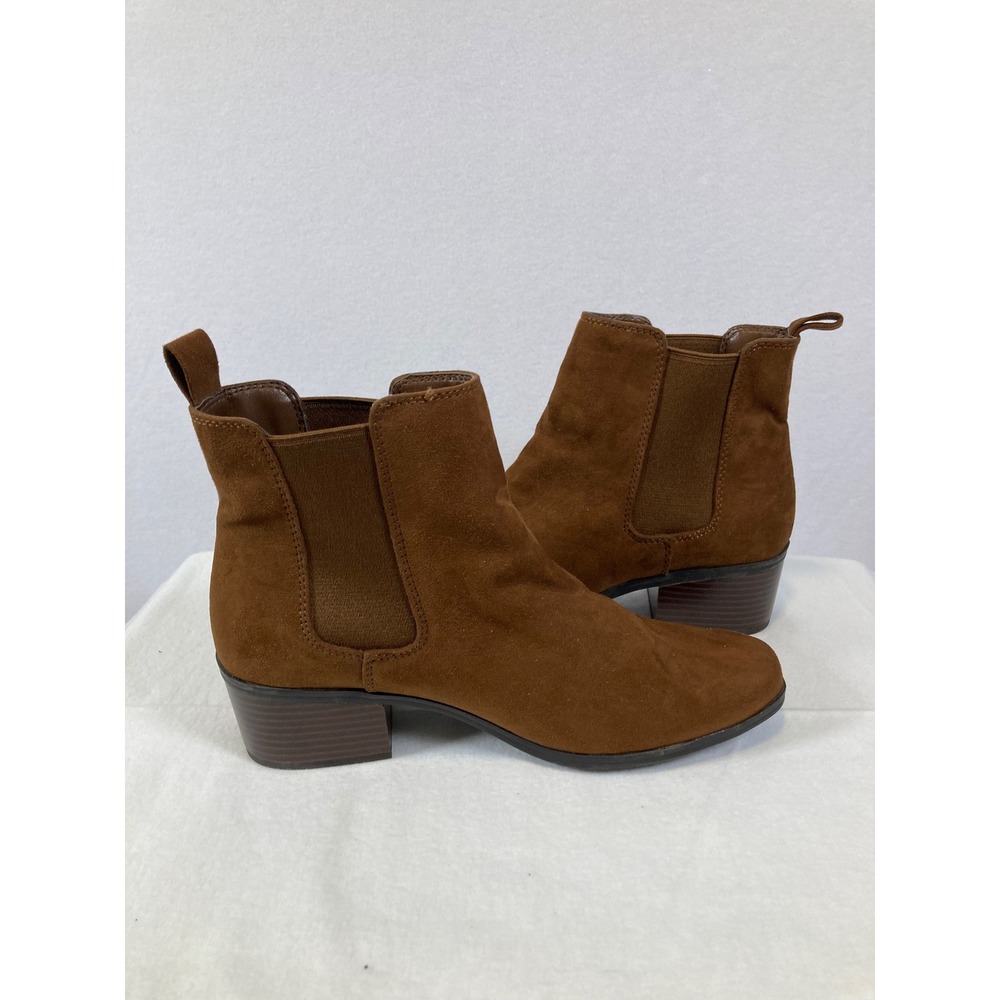 A New Day Chelsea Ankle Boots Womens 8.5 Cognac Brown Faux Suede Block Heel